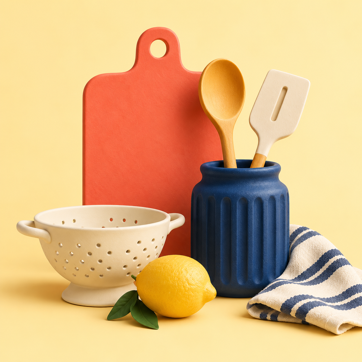 Ilustración de utensilios de cocina, una tabla coral, un colador y un limón sobre fondo amarillo.