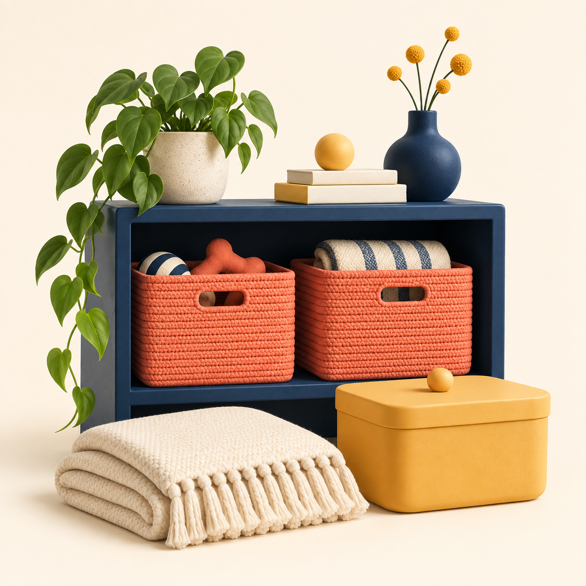 Ilustración de una estantería azul con cestas coral, una caja amarilla y una manta doblada.