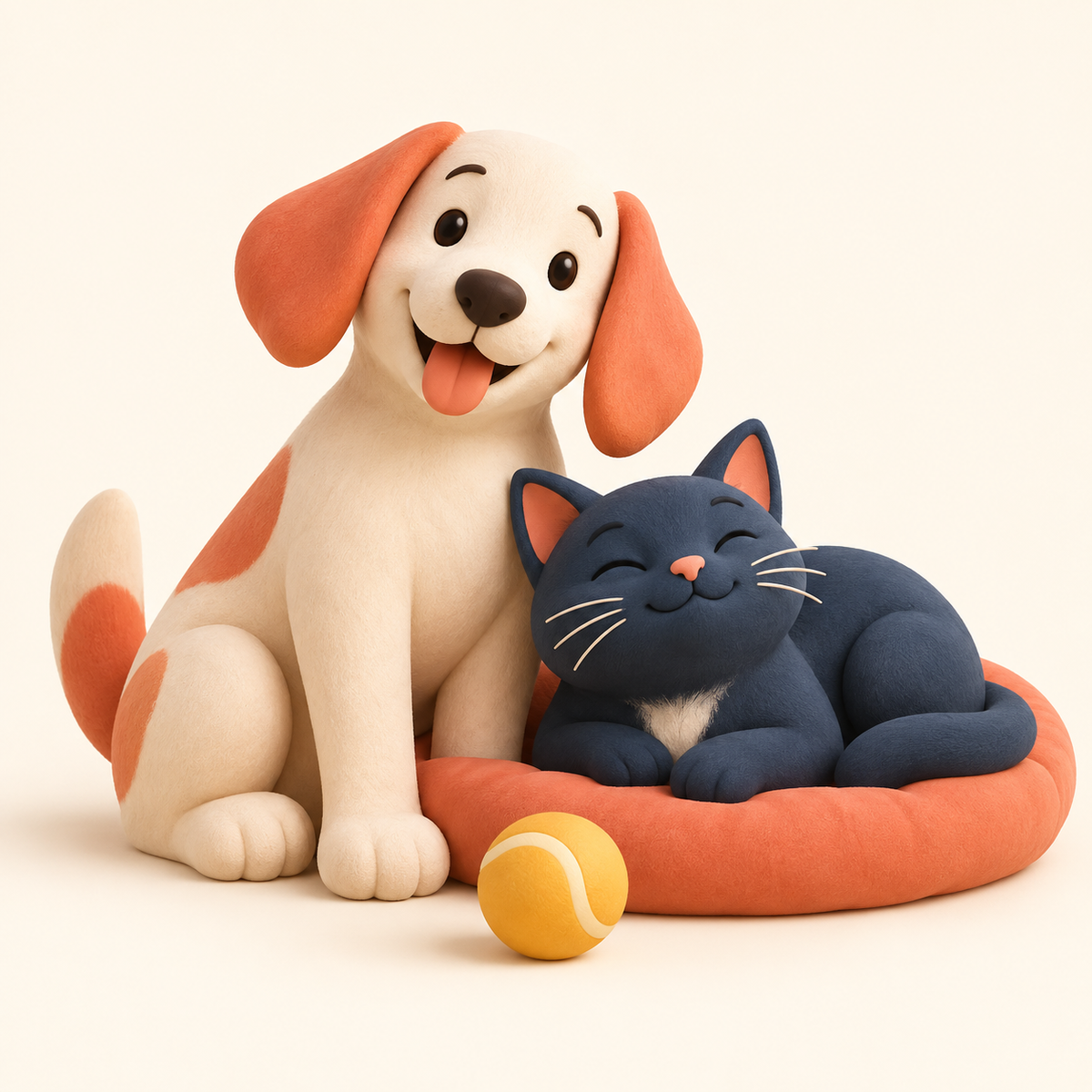 Ilustración de un perro y un gato junto a un cojín coral y una pelota amarilla.