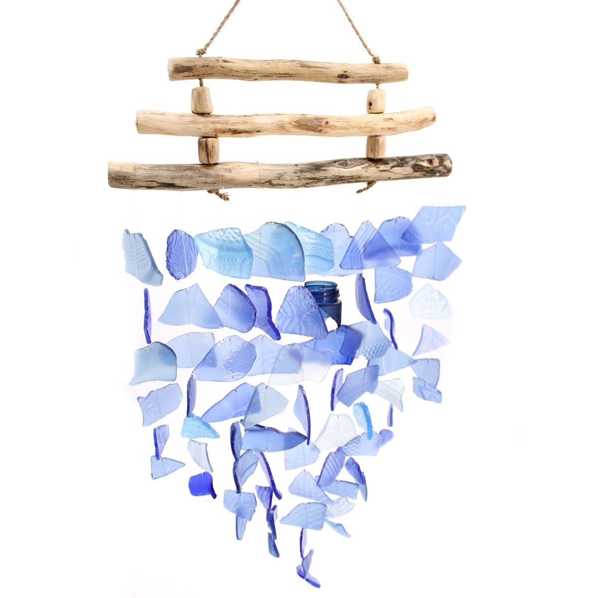 Carrillón Azul · vidrio reciclado y madera · 70 cm