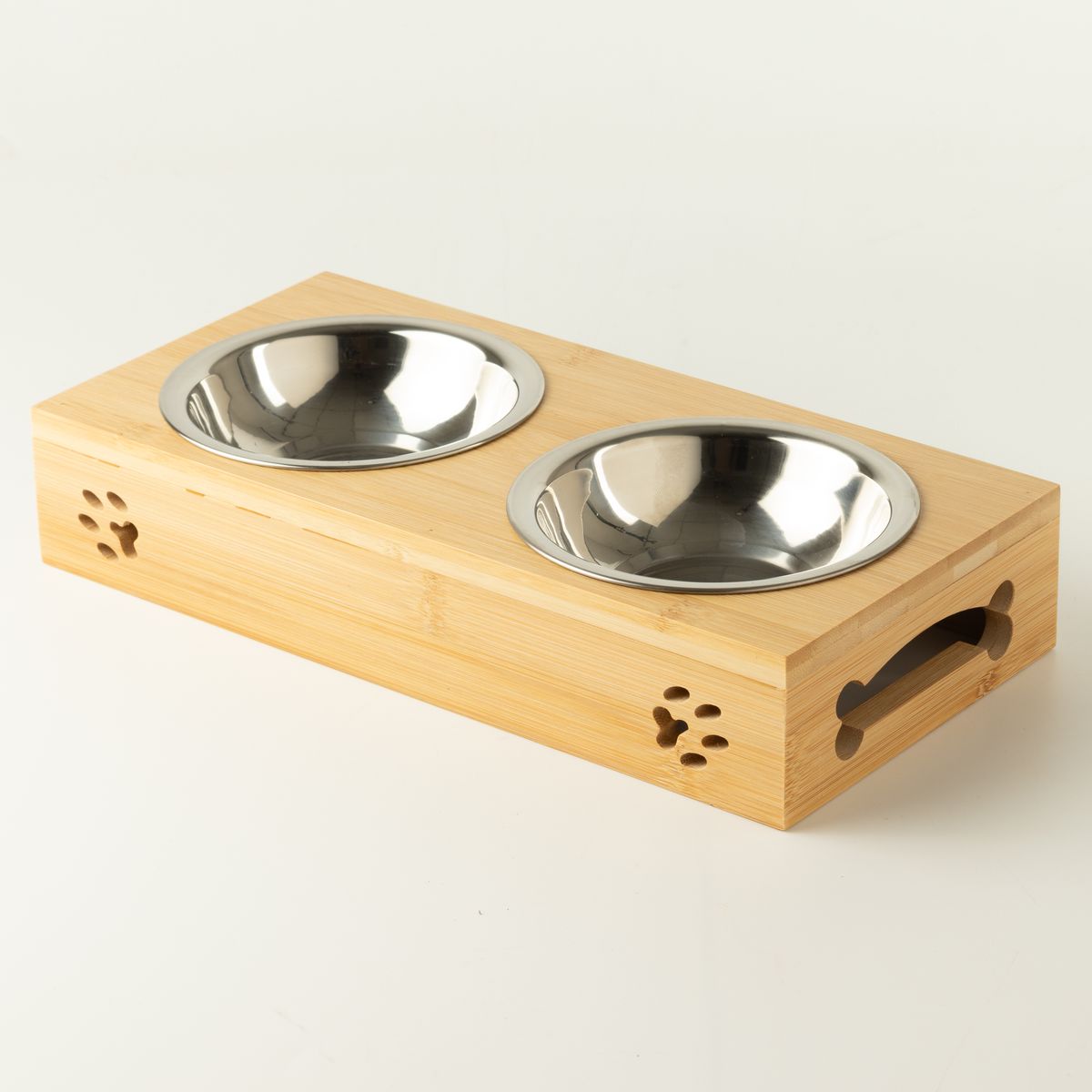 Comedero doble PAW · soporte de madera · 2 × 12 cm